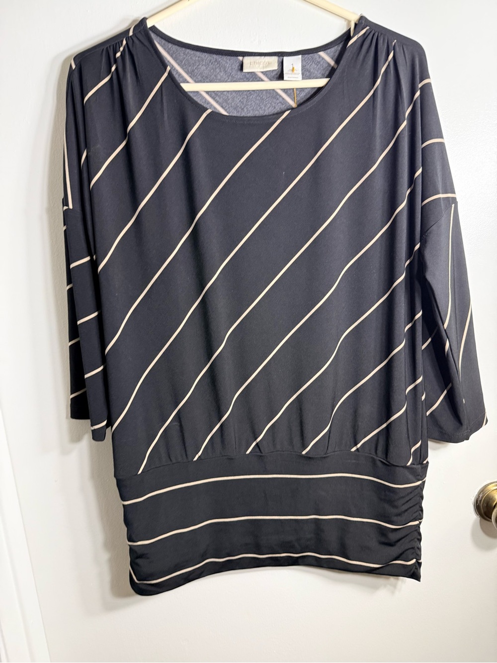 Chico's Black blouse with Cream Diagonal Stripes
